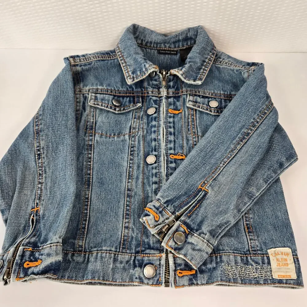 Calvin Klein Child Denim Trucker Jacket Contrast Orange Stitching Size 4/5